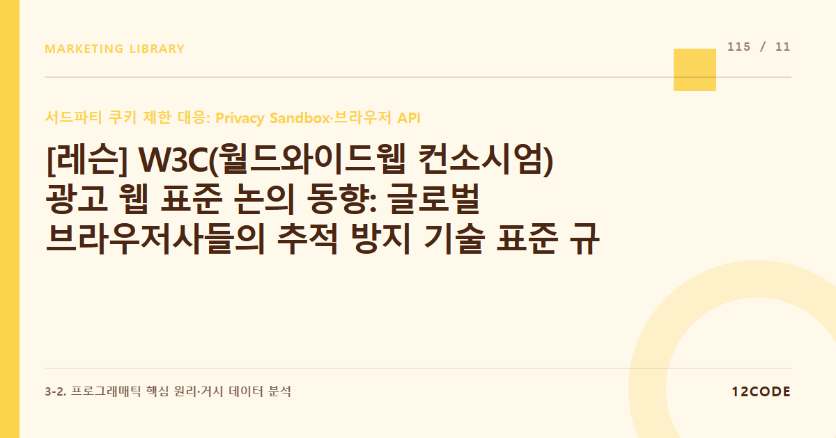 12code 라이브러리 아티클 표지. [레슨] W3C(월드와이드웹 컨소시엄) 광고 웹 표준 논의 동향: 글로벌 브라우저사들의 추적 방지 기술 표준 규격 변화 흐름 마케팅 인프라 상시 싱크 규칙