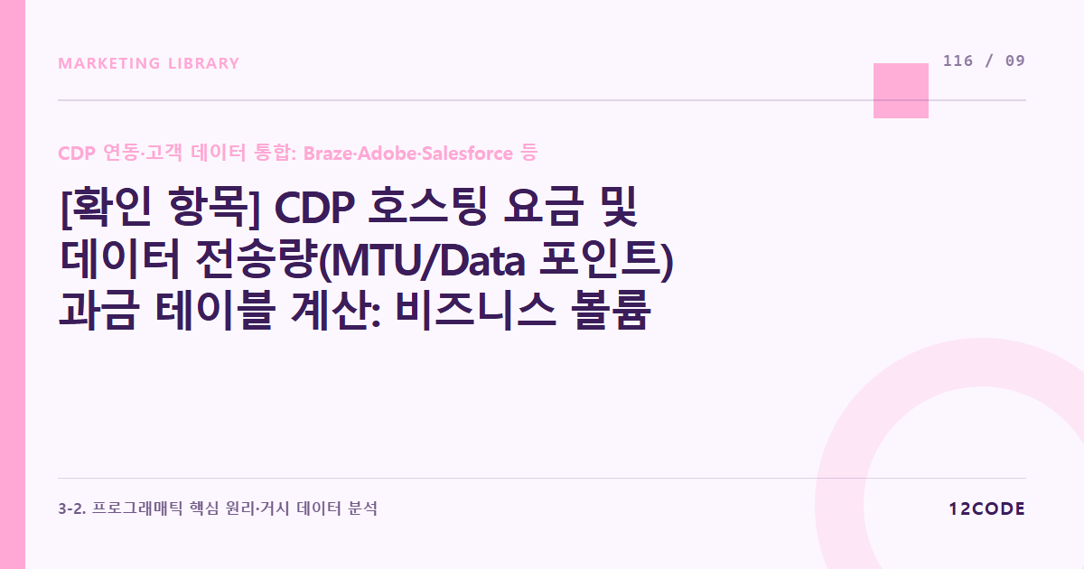 12code 라이브러리 아티클 표지. [확인 항목] CDP 호스팅 요금 및 데이터 전송량(MTU/Data 포인트) 과금 테이블 계산: 비즈니스 볼륨 확장에 따른 솔루션 유지 비용 시뮬레이션