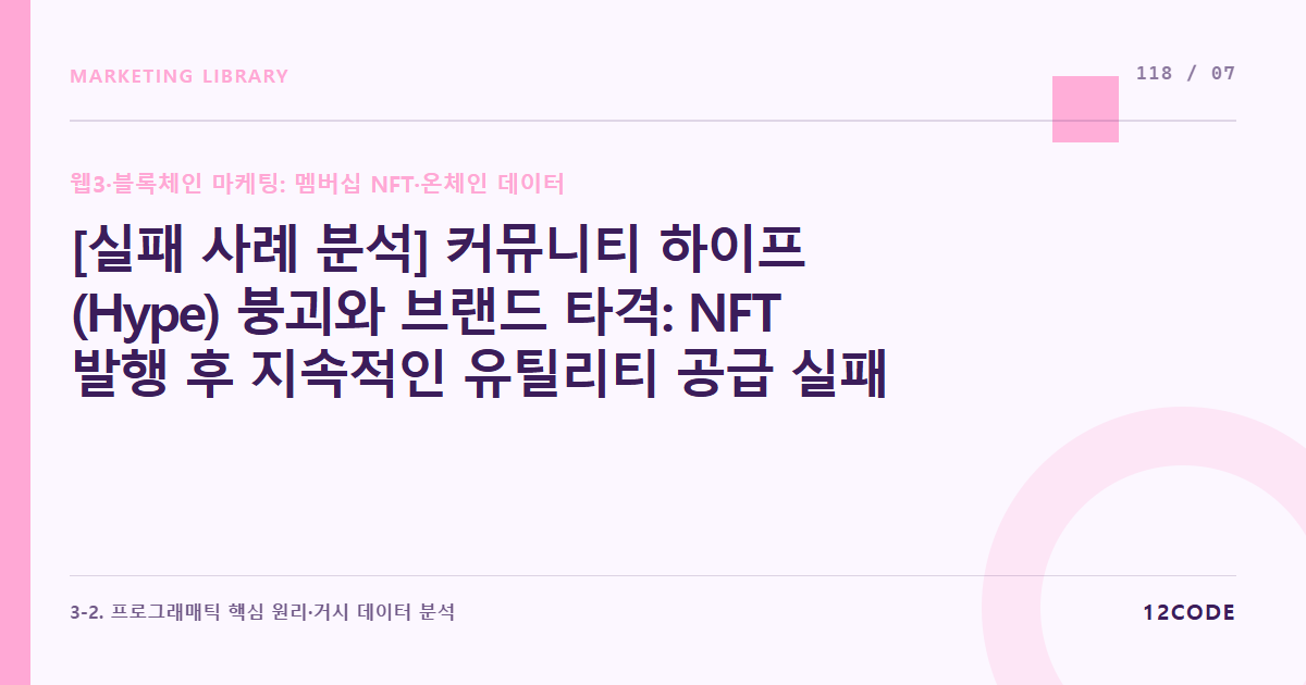 12code 라이브러리 아티클 표지. [실패 사례 분석] 커뮤니티 하이프(Hype) 붕괴와 브랜드 타격: NFT 발행 후 지속적인 유틸리티 공급 실패로 토큰 가치가 폭락, 초기 진성 팬들이 안티로 돌아선 리스크 복구