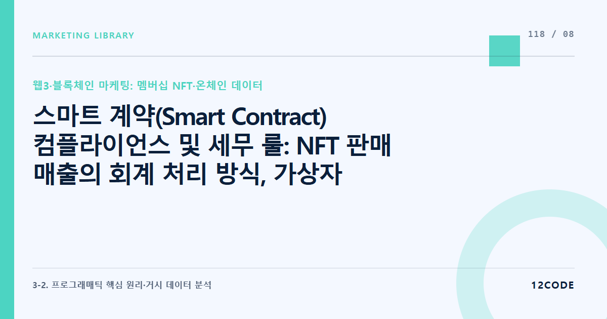 12code 라이브러리 아티클 표지. 스마트 계약(Smart Contract) 컴플라이언스 및 세무 룰: NFT 판매 매출의 회계 처리 방식, 가상자산 정산 수수료, 그리고 금융당국의 규제 동향 실시간 체크
