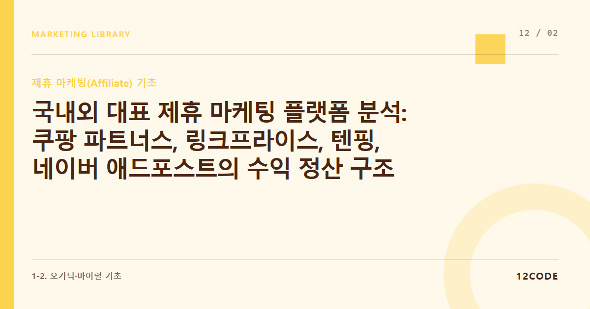 12code 라이브러리 아티클 표지. 국내외 대표 제휴 마케팅 플랫폼 분석: 쿠팡 파트너스, 링크프라이스, 텐핑, 네이버 애드포스트의 수익 정산 구조