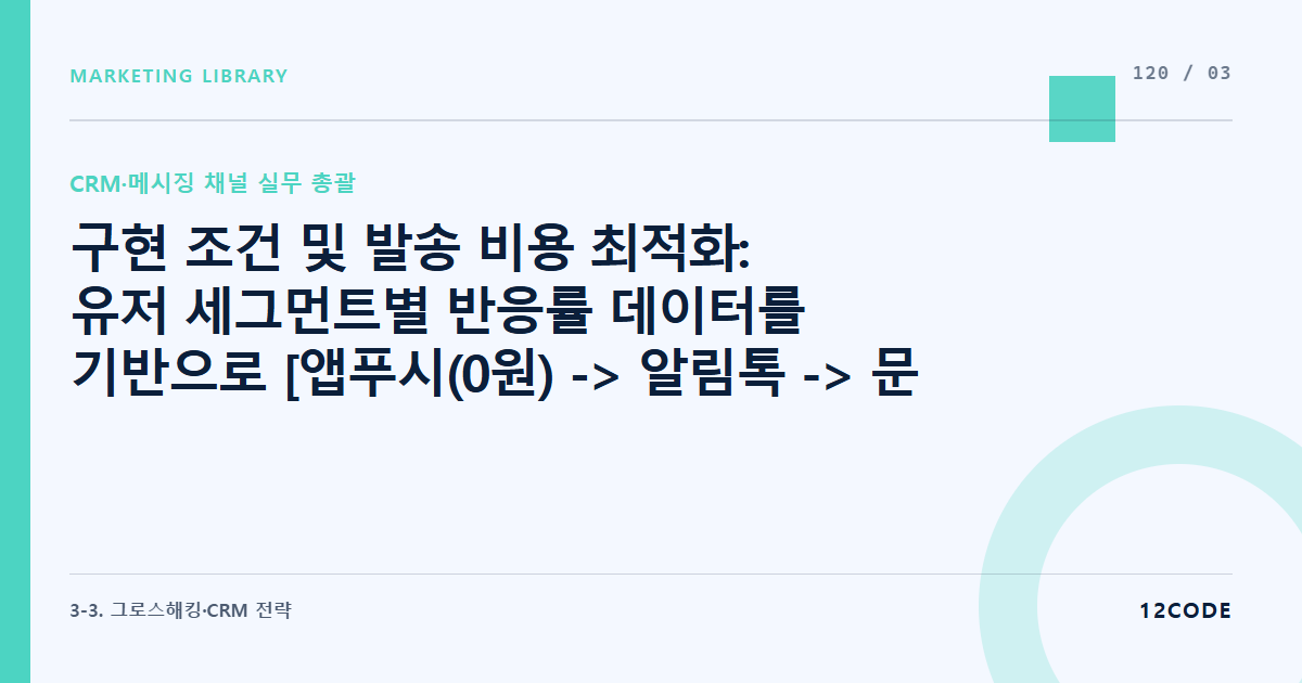 12code 라이브러리 아티클 표지. 구현 조건 및 발송 비용 최적화: 유저 세그먼트별 반응률 데이터를 기반으로 [앱푸시(0원) -> 알림톡 -> 문자(고비용)] 순서의 폭포수(Cascading) 발송 라우팅 세팅