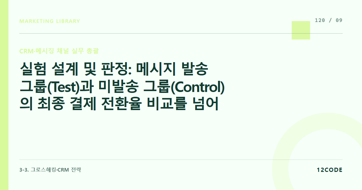 12code 라이브러리 아티클 표지. 실험 설계 및 판정: 메시지 발송 그룹(Test)과 미발송 그룹(Control)의 최종 결제 전환율 비교를 넘어, '차단율 비용'을 산정한 순수 ROI 판정선