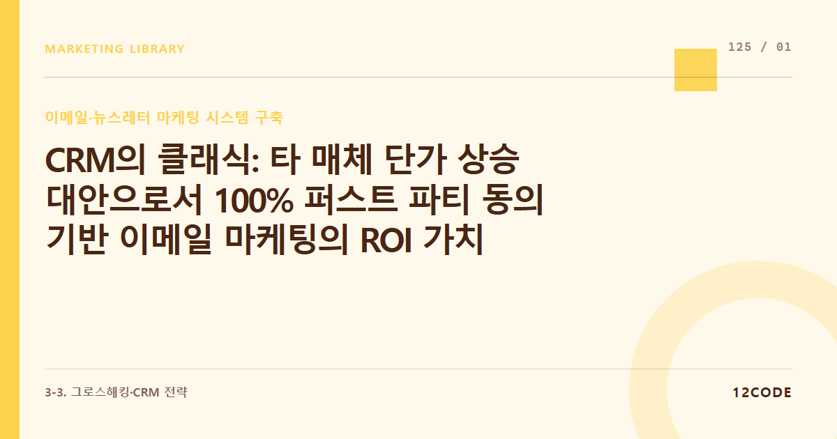 12code 라이브러리 아티클 표지. CRM의 클래식: 타 매체 단가 상승 대안으로서 100% 퍼스트 파티 동의 기반 이메일 마케팅의 ROI 가치