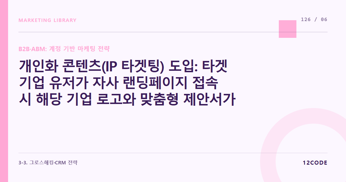 12code 라이브러리 아티클 표지. 개인화 콘텐츠(IP 타겟팅) 도입: 타겟 기업 유저가 자사 랜딩페이지 접속 시 해당 기업 로고와 맞춤형 제안서가 뜨도록 하는 웹 엔지니어링