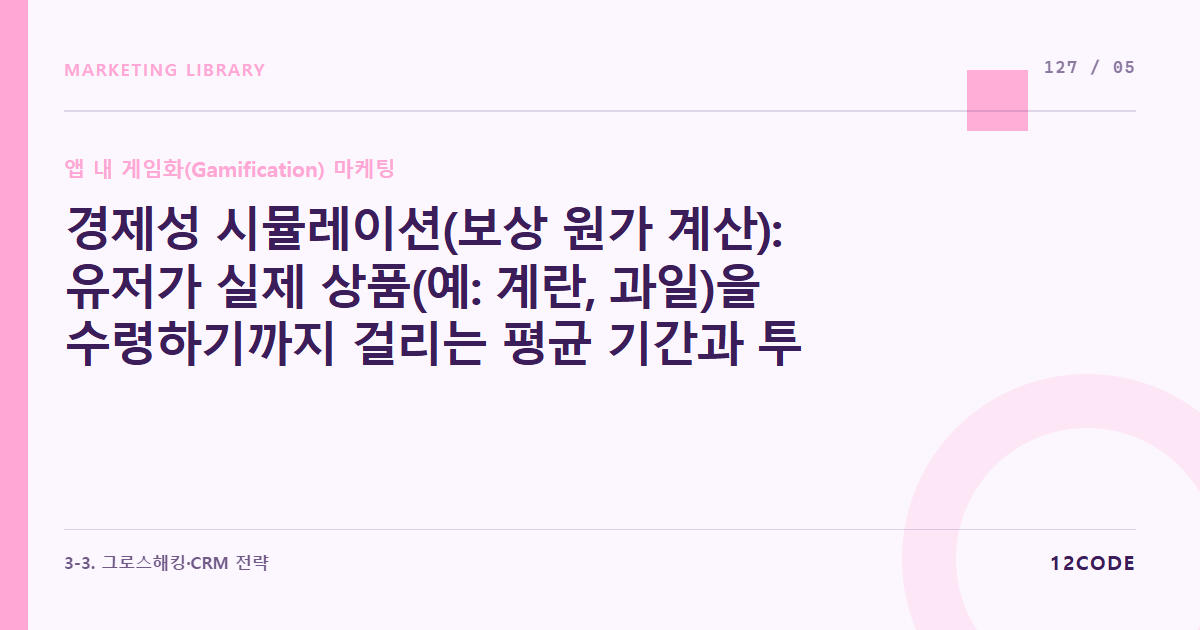 12code 라이브러리 아티클 표지. 경제성 시뮬레이션(보상 원가 계산): 유저가 실제 상품(예: 계란, 과일)을 수령하기까지 걸리는 평균 기간과 투여 광고비 대비 물품 원가율 산출