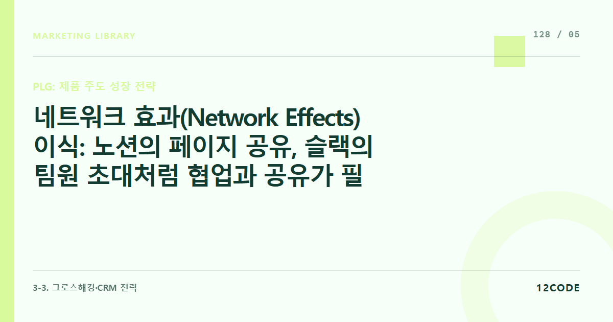 12code 라이브러리 아티클 표지. 네트워크 효과(Network Effects) 이식: 노션의 페이지 공유, 슬랙의 팀원 초대처럼 협업과 공유가 필수적인 제품 내 바이럴 루프 설계