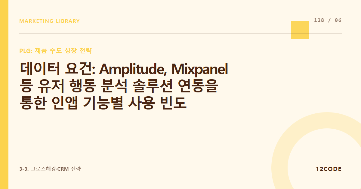 12code 라이브러리 아티클 표지. 데이터 요건: Amplitude, Mixpanel 등 유저 행동 분석 솔루션 연동을 통한 인앱 기능별 사용 빈도 및 이탈 퍼널 정밀 계측