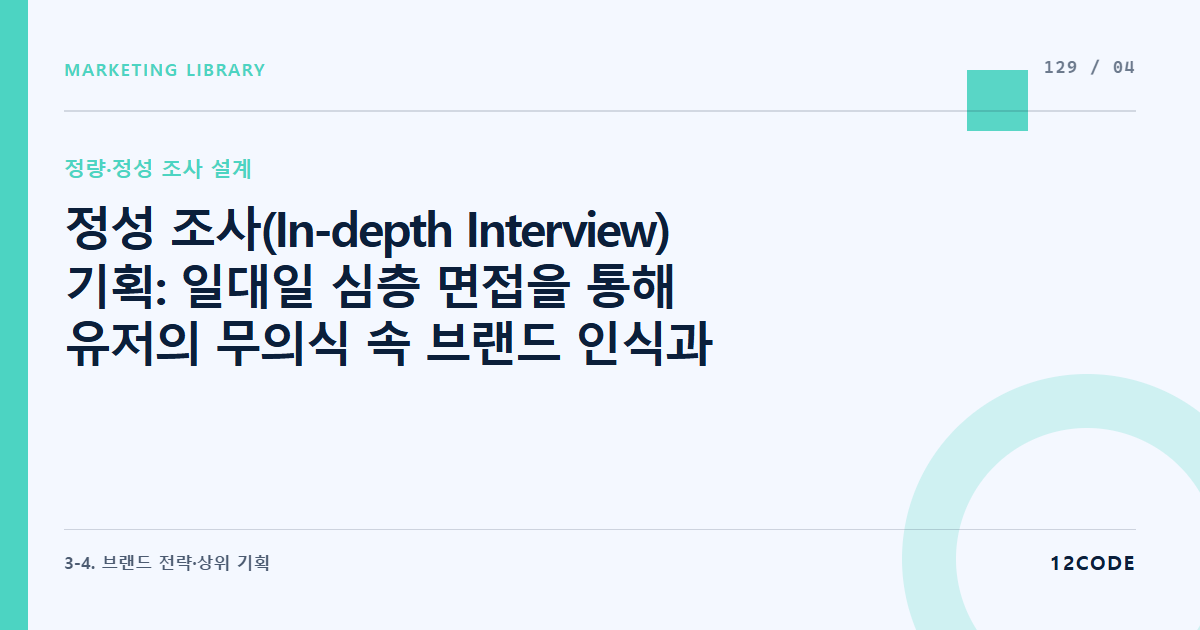 12code 라이브러리 아티클 표지. 정성 조사(In-depth Interview) 기획: 일대일 심층 면접을 통해 유저의 무의식 속 브랜드 인식과 숨겨진 미충족 니즈(Unmet Needs) 발굴 가이드