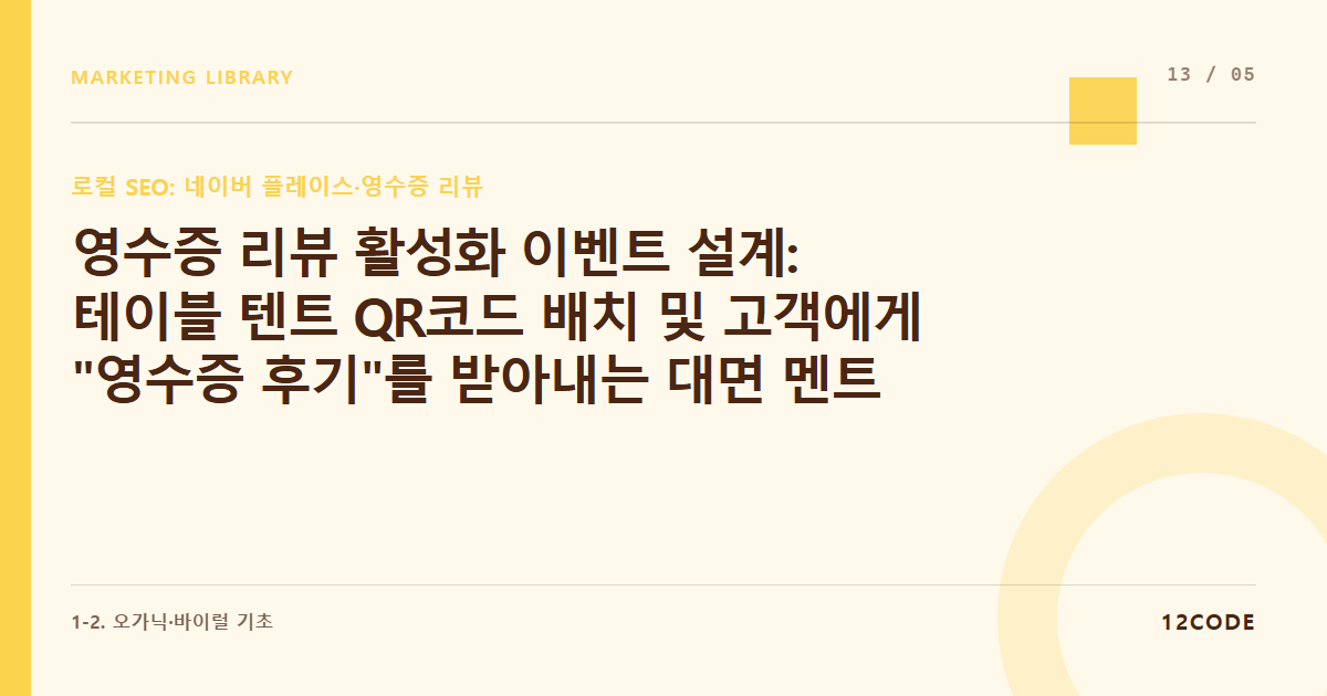 12code 라이브러리 아티클 표지. 영수증 리뷰 활성화 이벤트 설계: 테이블 텐트 QR코드 배치 및 고객에게 "영수증 후기"를 받아내는 대면 멘트 스크립트