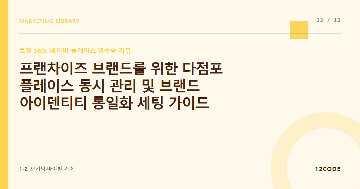 12code 라이브러리 아티클 표지. 프랜차이즈 브랜드를 위한 다점포 플레이스 동시 관리 및 브랜드 아이덴티티 통일화 세팅 가이드