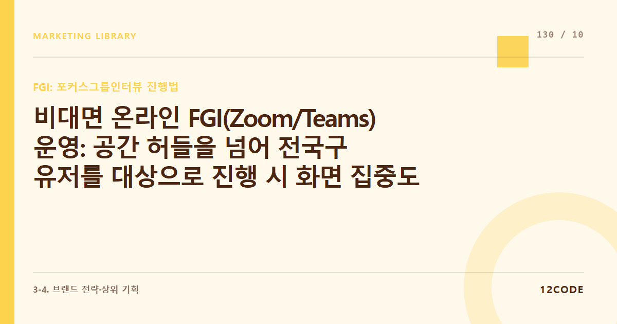 12code 라이브러리 아티클 표지. 비대면 온라인 FGI(Zoom/Teams) 운영: 공간 허들을 넘어 전국구 유저를 대상으로 진행 시 화면 집중도를 높이는 인터랙티브 장치 및 리워드 송부 룰