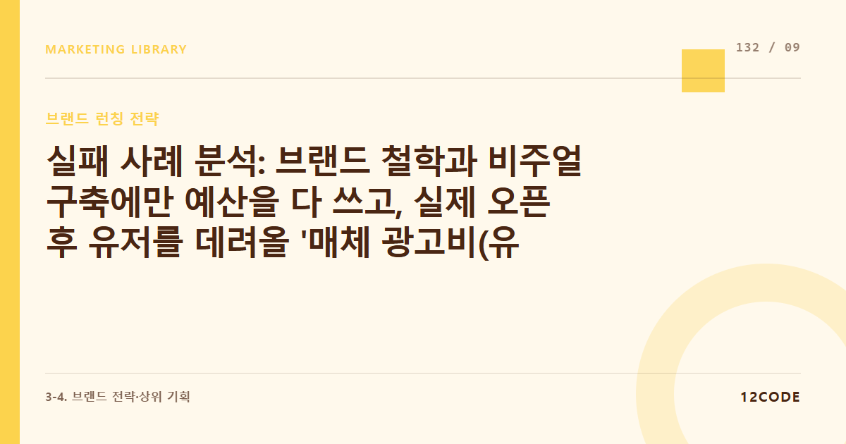 12code 라이브러리 아티클 표지. 실패 사례 분석: 브랜드 철학과 비주얼 구축에만 예산을 다 쓰고, 실제 오픈 후 유저를 데려올 '매체 광고비(유통 예산)'가 소진되어 문을 닫은 사례