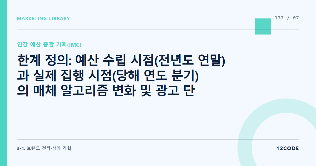 12code 라이브러리 아티클 표지. 한계 정의: 예산 수립 시점(전년도 연말)과 실제 집행 시점(당해 연도 분기)의 매체 알고리즘 변화 및 광고 단가(CPM) 인플레이션 예측의 한계
