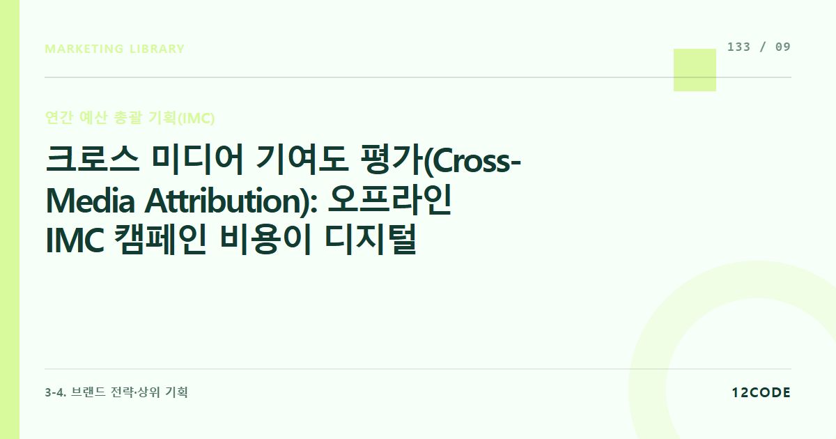 12code 라이브러리 아티클 표지. 크로스 미디어 기여도 평가(Cross-Media Attribution): 오프라인 IMC 캠페인 비용이 디지털 자사몰 유료 광고 효율에 미치는 분수 효과 추적 개념