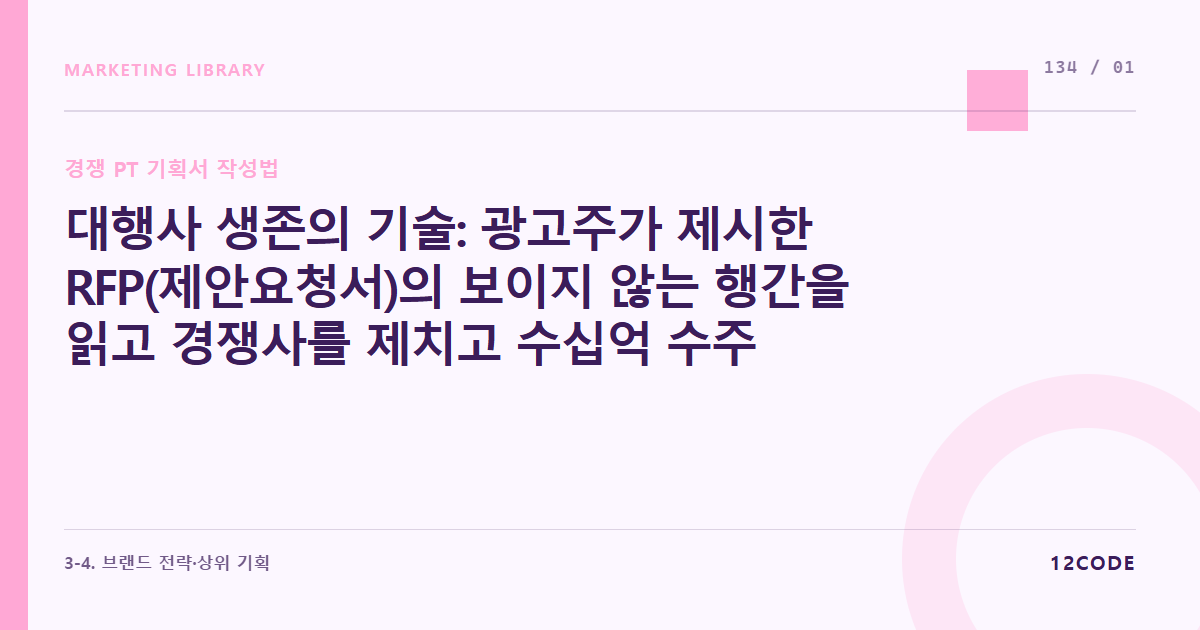 12code 라이브러리 아티클 표지. 대행사 생존의 기술: 광고주가 제시한 RFP(제안요청서)의 보이지 않는 행간을 읽고 경쟁사를 제치고 수십억 수주를 따내는 경쟁 PT 전략