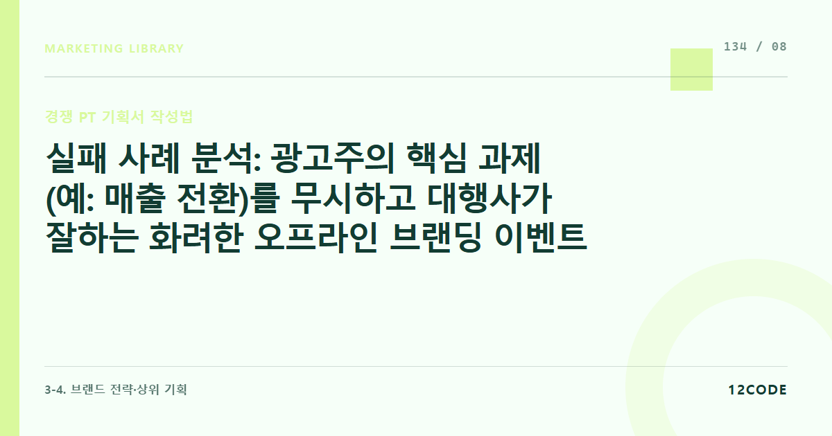 12code 라이브러리 아티클 표지. 실패 사례 분석: 광고주의 핵심 과제(예: 매출 전환)를 무시하고 대행사가 잘하는 화려한 오프라인 브랜딩 이벤트만 제안했다가 탈락한 사례
