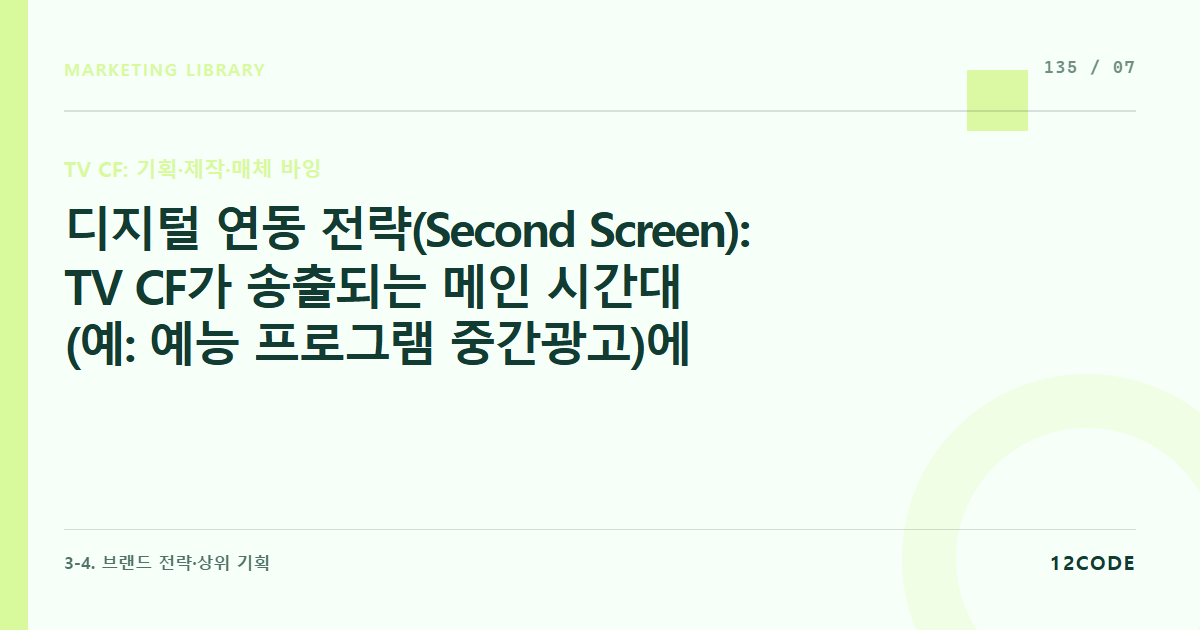 12code 라이브러리 아티클 표지. 디지털 연동 전략(Second Screen): TV CF가 송출되는 메인 시간대(예: 예능 프로그램 중간광고)에 디지털 자사몰 서버 증설 및 포털 실시간 키워드 SA 부스팅