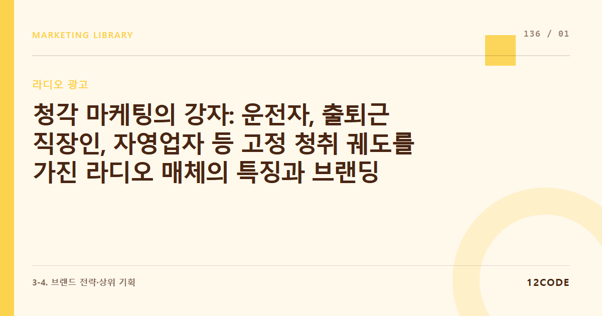 12code 라이브러리 아티클 표지. 청각 마케팅의 강자: 운전자, 출퇴근 직장인, 자영업자 등 고정 청취 궤도를 가진 라디오 매체의 특징과 브랜딩 각인 효과