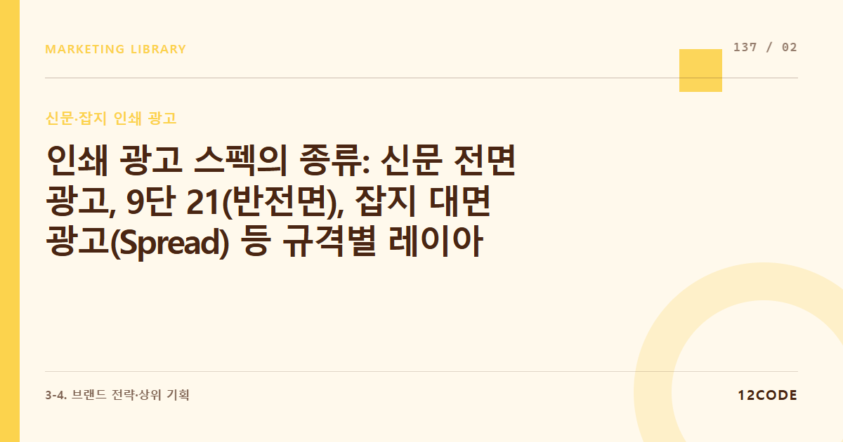 12code 라이브러리 아티클 표지. 인쇄 광고 스펙의 종류: 신문 전면 광고, 9단 21(반전면), 잡지 대면 광고(Spread) 등 규격별 레이아웃 디자인 가이드