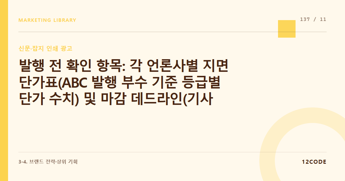 12code 라이브러리 아티클 표지. 발행 전 확인 항목: 각 언론사별 지면 단가표(ABC 발행 부수 기준 등급별 단가 수치) 및 마감 데드라인(기사 송고일) 일정 확인