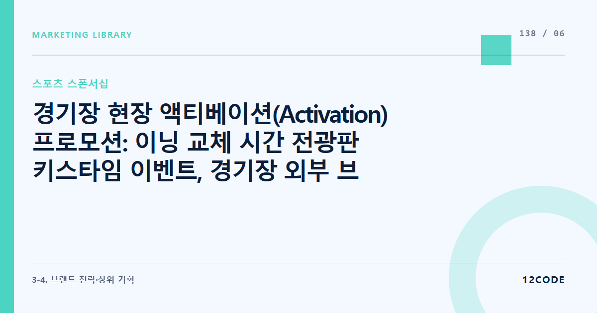 12code 라이브러리 아티클 표지. 경기장 현장 액티베이션(Activation) 프로모션: 이닝 교체 시간 전광판 키스타임 이벤트, 경기장 외부 브랜드 브랜드 체험 부스 운영 결합