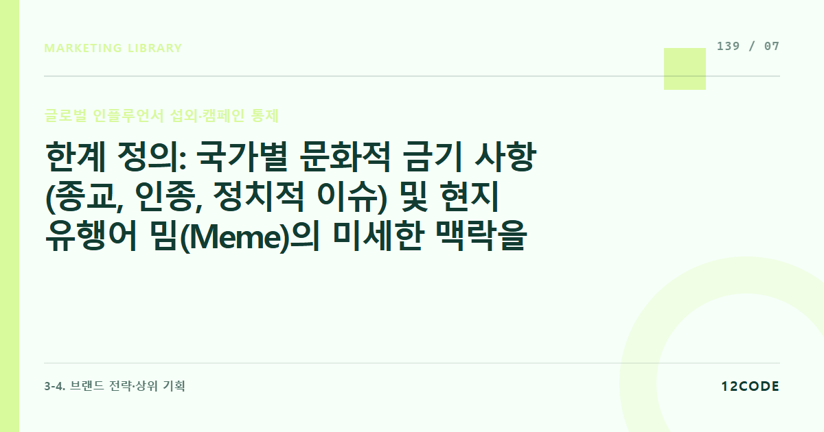 12code 라이브러리 아티클 표지. 한계 정의: 국가별 문화적 금기 사항(종교, 인종, 정치적 이슈) 및 현지 유행어 밈(Meme)의 미세한 맥락을 완벽히 통제하기 어려운 구조적 한계