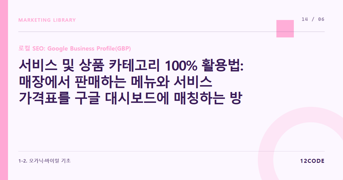 12code 라이브러리 아티클 표지. 서비스 및 상품 카테고리 100% 활용법: 매장에서 판매하는 메뉴와 서비스 가격표를 구글 대시보드에 매칭하는 방법