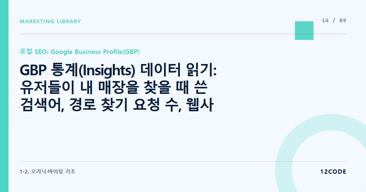 12code 라이브러리 아티클 표지. GBP 통계(Insights) 데이터 읽기: 유저들이 내 매장을 찾을 때 쓴 검색어, 경로 찾기 요청 수, 웹사이트 방문 수 추적