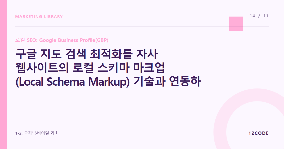 12code 라이브러리 아티클 표지. 구글 지도 검색 최적화를 자사 웹사이트의 로컬 스키마 마크업(Local Schema Markup) 기술과 연동하여 시너지 내는 기초 개념