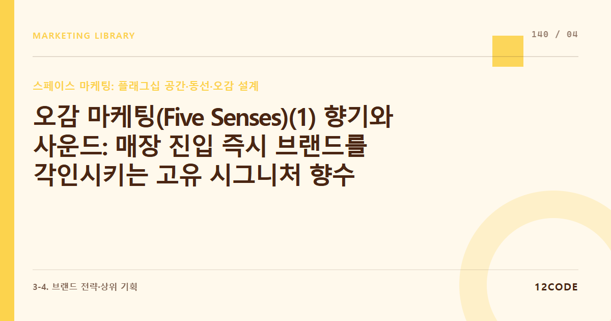 12code 라이브러리 아티클 표지. 오감 마케팅(Five Senses)(1) 향기와 사운드: 매장 진입 즉시 브랜드를 각인시키는 고유 시그니처 향수 개발 및 시간대별 공간 음악(BGM) BPM 통제