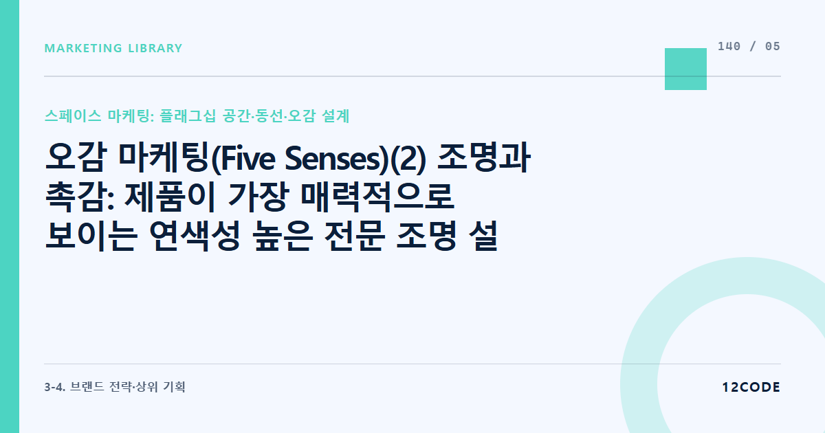 12code 라이브러리 아티클 표지. 오감 마케팅(Five Senses)(2) 조명과 촉감: 제품이 가장 매력적으로 보이는 연색성 높은 전문 조명 설계 및 유저가 만지는 집기의 재질 톤 조율