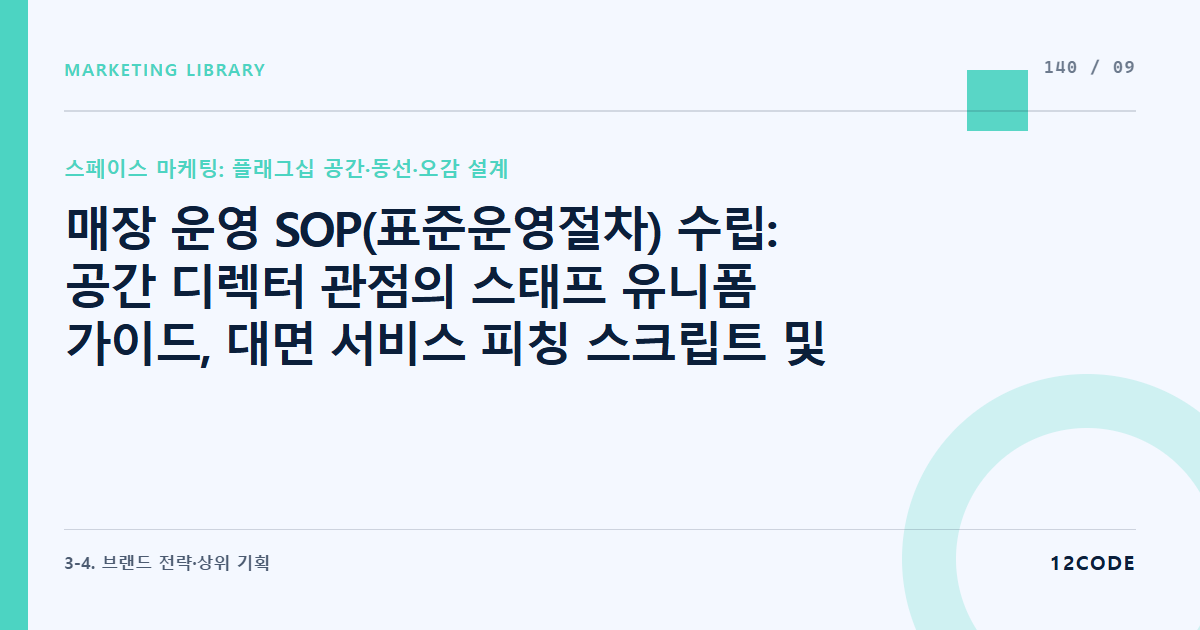 12code 라이브러리 아티클 표지. 매장 운영 SOP(표준운영절차) 수립: 공간 디렉터 관점의 스태프 유니폼 가이드, 대면 서비스 피칭 스크립트 및 공간 정기 청결/방역 검수 프로토콜