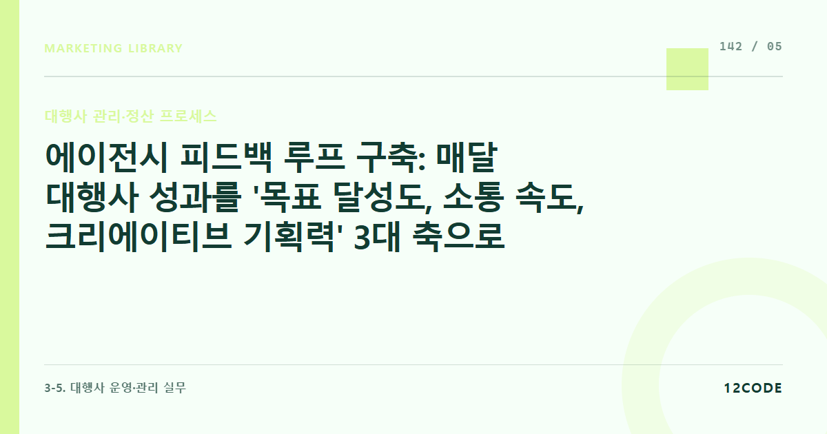 12code 라이브러리 아티클 표지. 에이전시 피드백 루프 구축: 매달 대행사 성과를 '목표 달성도, 소통 속도, 크리에이티브 기획력' 3대 축으로 점수화하여 경고 또는 격려 보너스 주는 룰