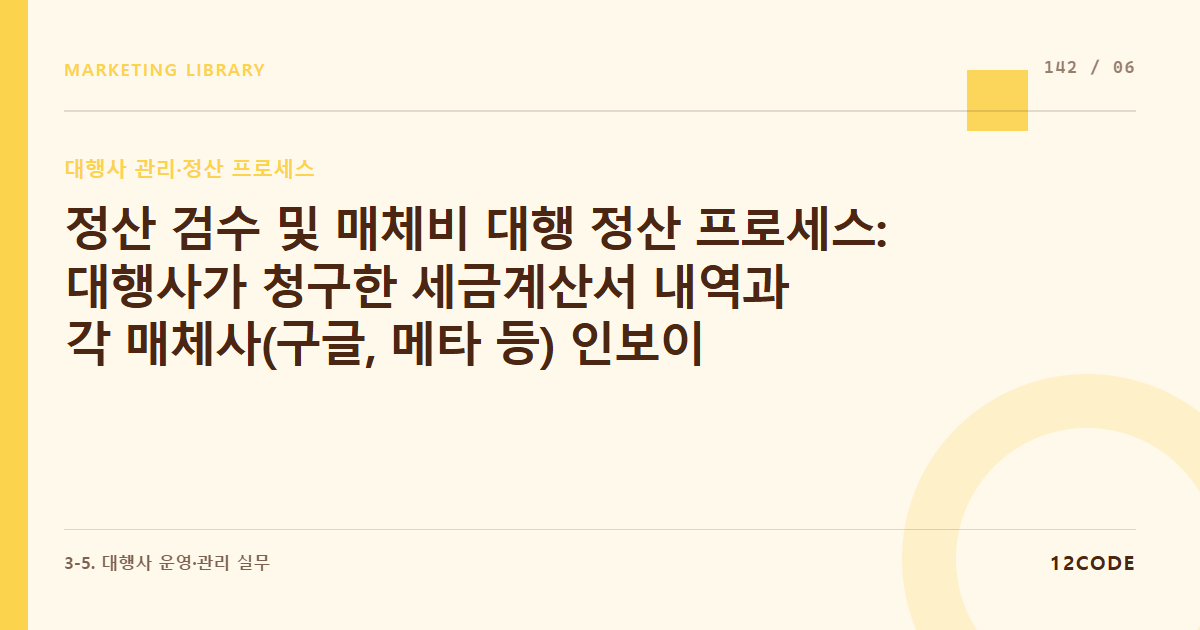 12code 라이브러리 아티클 표지. 정산 검수 및 매체비 대행 정산 프로세스: 대행사가 청구한 세금계산서 내역과 각 매체사(구글, 메타 등) 인보이스 원본 수치 전수 대조 검증 루틴