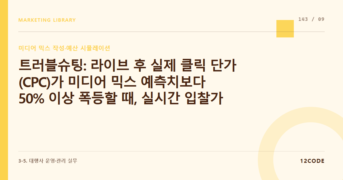 12code 라이브러리 아티클 표지. 트러블슈팅: 라이브 후 실제 클릭 단가(CPC)가 미디어 믹스 예측치보다 50% 이상 폭등할 때, 실시간 입찰가 한도 제어 및 예산 우회 긴급 프로토콜