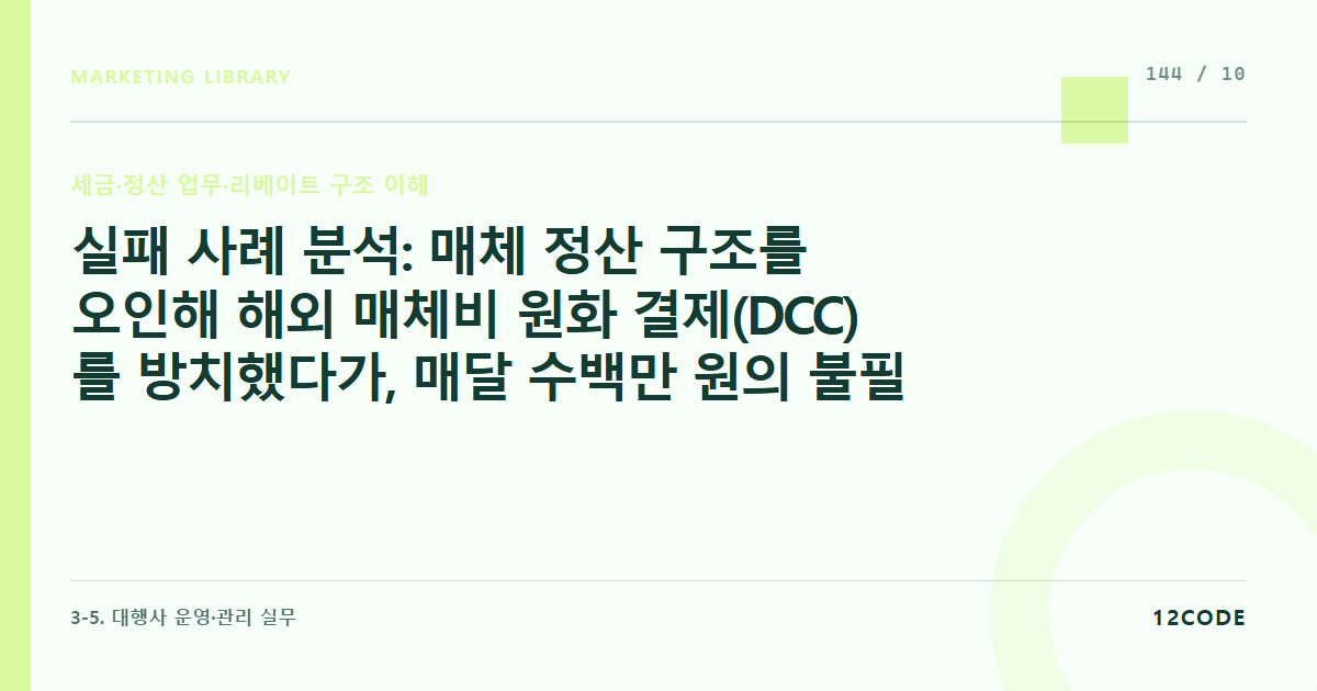 12code 라이브러리 아티클 표지. 실패 사례 분석: 매체 정산 구조를 오인해 해외 매체비 원화 결제(DCC)를 방치했다가, 매달 수백만 원의 불필요한 해외 카드 수수료를 낭비한 정산 통제 패배 사례