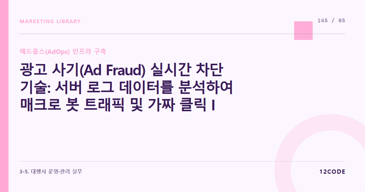 12code 라이브러리 아티클 표지. 광고 사기(Ad Fraud) 실시간 차단 기술: 서버 로그 데이터를 분석하여 매크로 봇 트래픽 및 가짜 클릭 IP를 방화벽(WAF) 단에서 자동 드롭시키는 인프라 연동