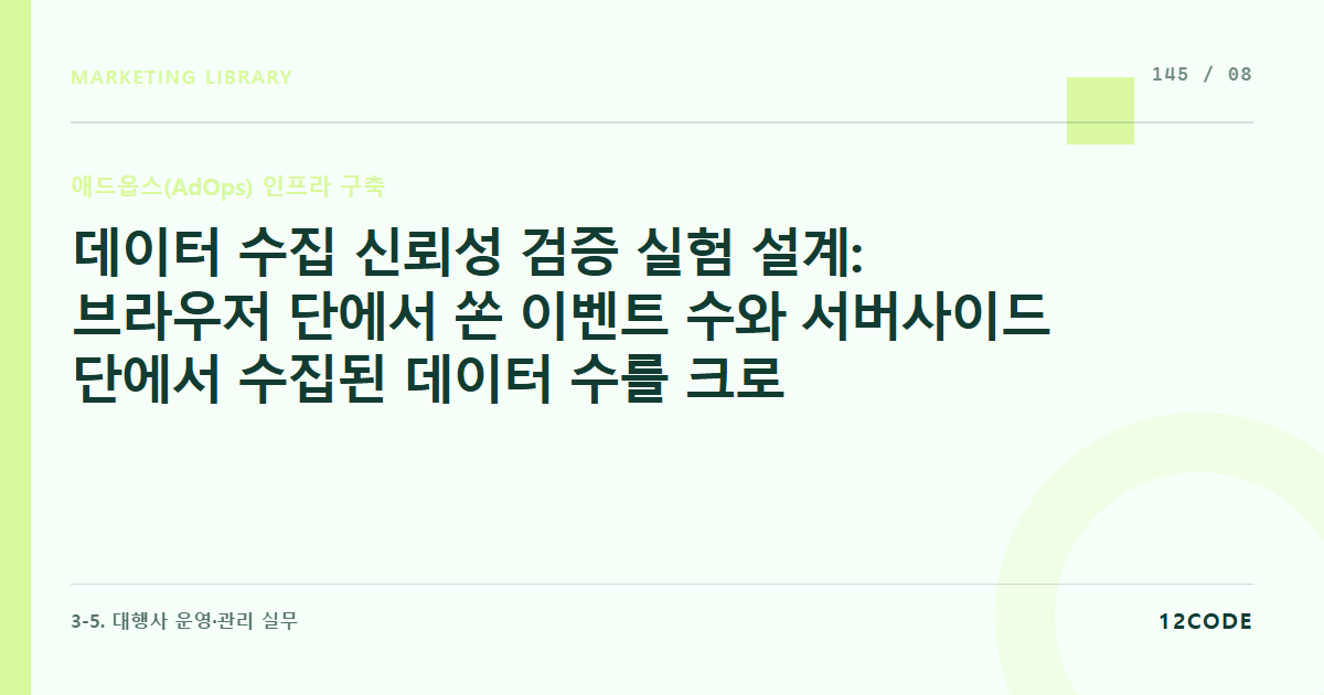 12code 라이브러리 아티클 표지. 데이터 수집 신뢰성 검증 실험 설계: 브라우저 단에서 쏜 이벤트 수와 서버사이드 단에서 수집된 데이터 수를 크로스 체크하여 매칭률 95% 이상 사수하는 판정 룰