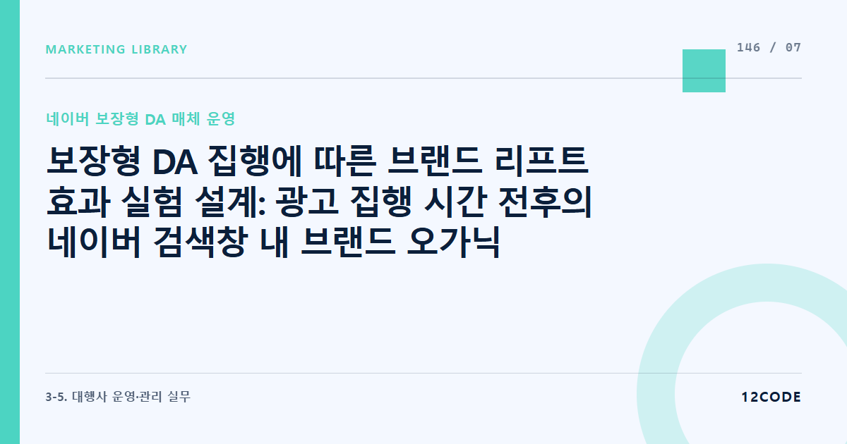 12code 라이브러리 아티클 표지. 보장형 DA 집행에 따른 브랜드 리프트 효과 실험 설계: 광고 집행 시간 전후의 네이버 검색창 내 브랜드 오가닉 검색량 스파이크 분석 및 인지도 상승도 판정