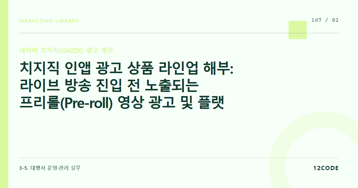 12code 라이브러리 아티클 표지. 치지직 인앱 광고 상품 라인업 해부: 라이브 방송 진입 전 노출되는 프리롤(Pre-roll) 영상 광고 및 플랫폼 메인 배너 구좌 바잉 절차