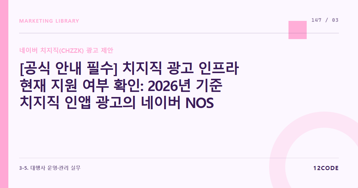 12code 라이브러리 아티클 표지. [공식 안내 필수] 치지직 광고 인프라 현재 지원 여부 확인: 2026년 기준 치지직 인앱 광고의 네이버 NOSP/GFA 시스템 시스템 통합 여부 및 공식 지원 광고 상품 스펙 페이지 상시 재확인