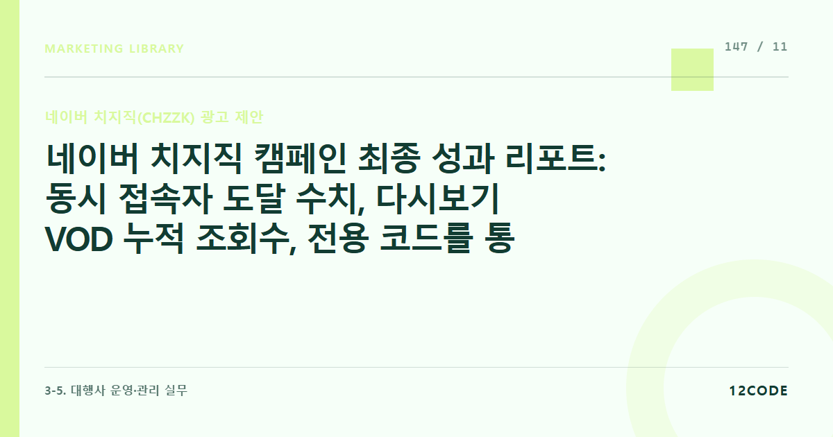 12code 라이브러리 아티클 표지. 네이버 치지직 캠페인 최종 성과 리포트: 동시 접속자 도달 수치, 다시보기 VOD 누적 조회수, 전용 코드를 통한 매출 전환 가치 통합 정산