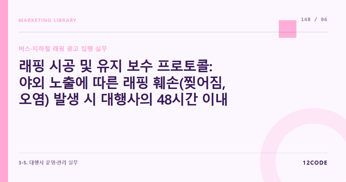 12code 라이브러리 아티클 표지. 래핑 시공 및 유지 보수 프로토콜: 야외 노출에 따른 래핑 훼손(찢어짐, 오염) 발생 시 대행사의 48시간 이내 긴급 재시공 의무 조항 계약서 명시법
