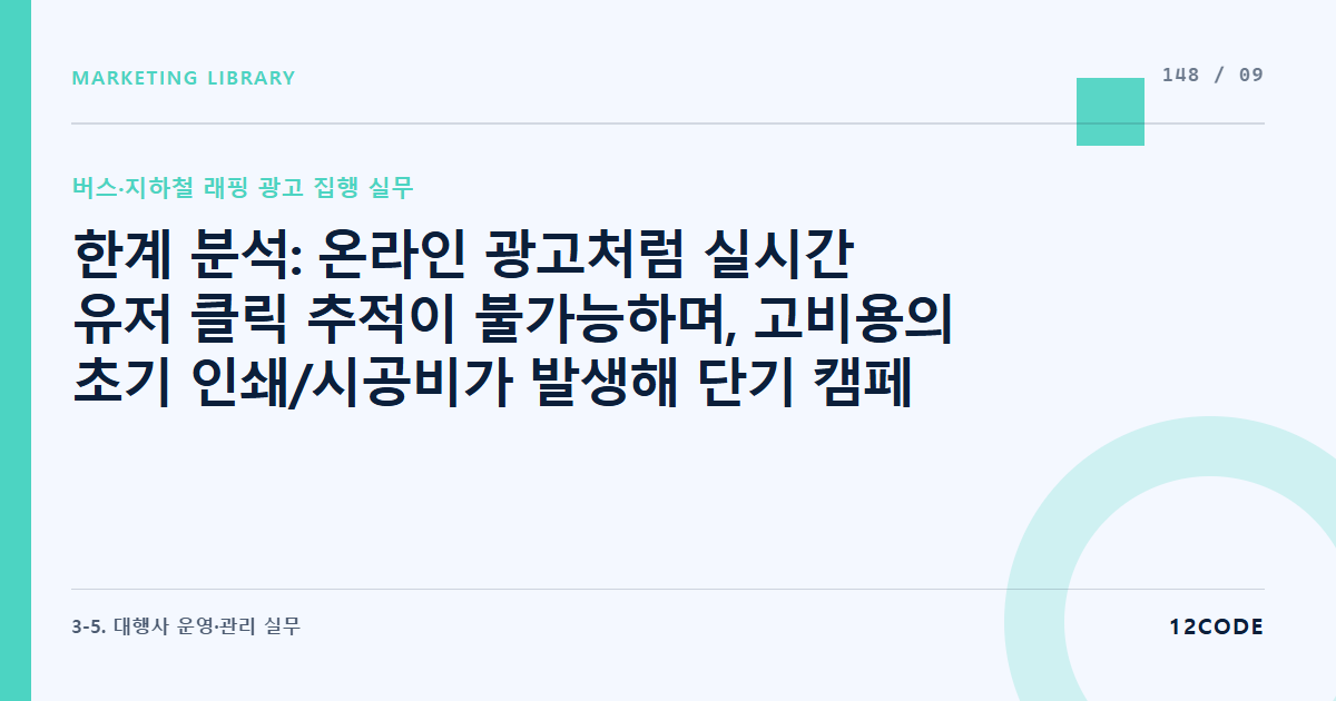 12code 라이브러리 아티클 표지. 한계 분석: 온라인 광고처럼 실시간 유저 클릭 추적이 불가능하며, 고비용의 초기 인쇄/시공비가 발생해 단기 캠페인 진행 시 가성비가 떨어지는 한계