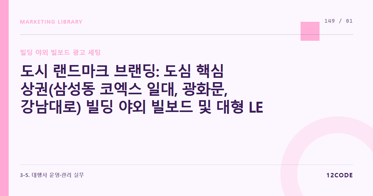 12code 라이브러리 아티클 표지. 도시 랜드마크 브랜딩: 도심 핵심 상권(삼성동 코엑스 일대, 광화문, 강남대로) 빌딩 야외 빌보드 및 대형 LED 전광판 광고의 시각 점유 효과