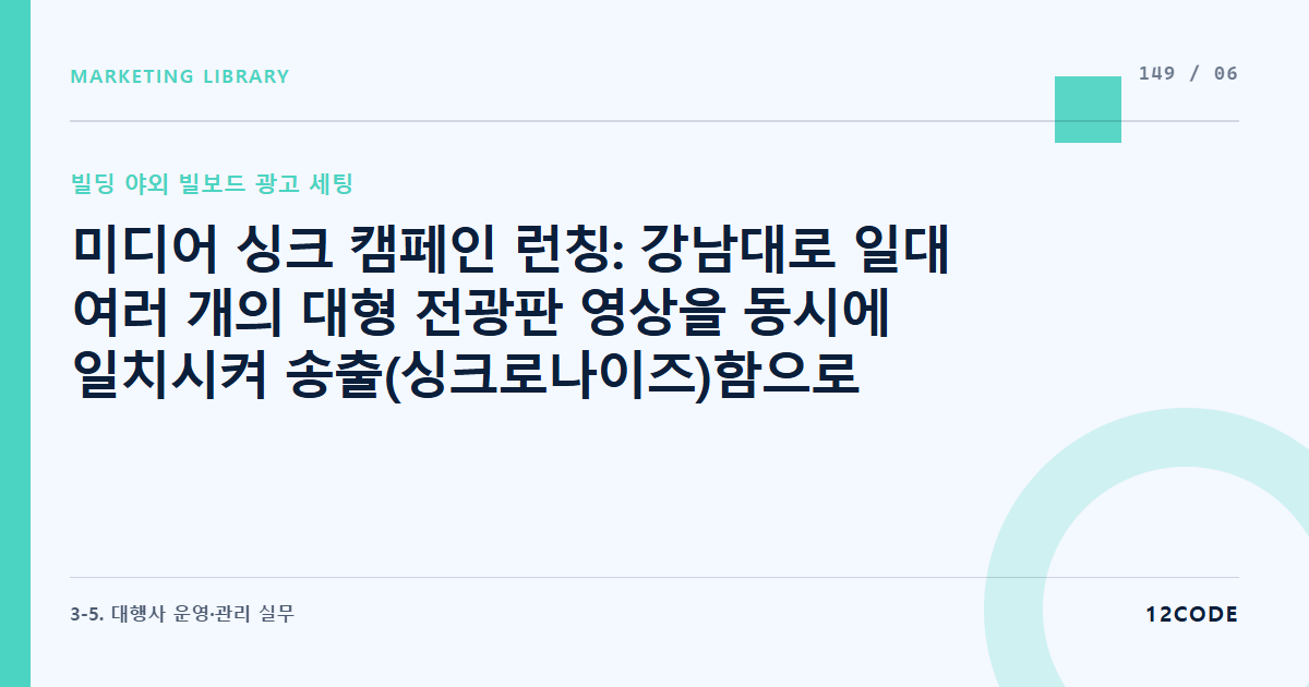 12code 라이브러리 아티클 표지. 미디어 싱크 캠페인 런칭: 강남대로 일대 여러 개의 대형 전광판 영상을 동시에 일치시켜 송출(싱크로나이즈)함으로써 상권 전체를 브랜드 지면으로 장악하는 고급 기술