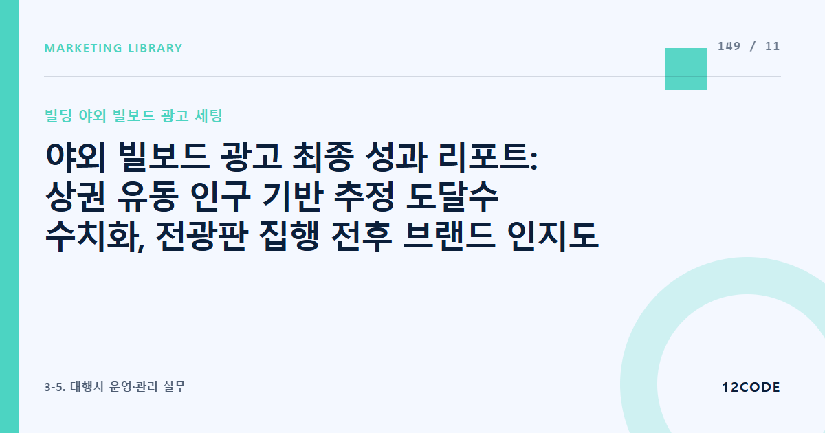 12code 라이브러리 아티클 표지. 야외 빌보드 광고 최종 성과 리포트: 상권 유동 인구 기반 추정 도달수 수치화, 전광판 집행 전후 브랜드 인지도 설문 지표 연동 최종 ROI 평가