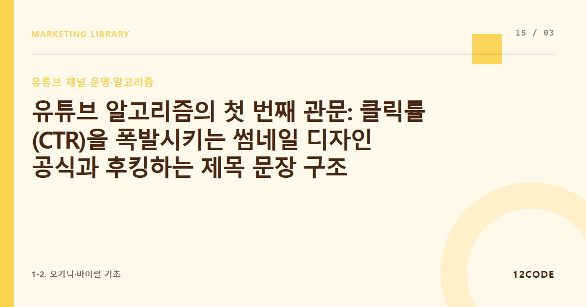 12code 라이브러리 아티클 표지. 유튜브 알고리즘의 첫 번째 관문: 클릭률(CTR)을 폭발시키는 썸네일 디자인 공식과 후킹하는 제목 문장 구조