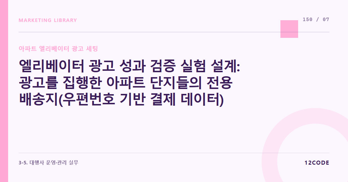 12code 라이브러리 아티클 표지. 엘리베이터 광고 성과 검증 실험 설계: 광고를 집행한 아파트 단지들의 전용 배송지(우편번호 기반 결제 데이터) 주문량 상승 추이를 비집행 단지와 대조 분석하는 판정 룰